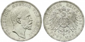 Reichssilbermünzen J. 19-178, Anhalt, Friedrich I., 1871-1904
5 Mark 1896 A. prägefrisch/fast Stempelglanz, kl. Randfehler