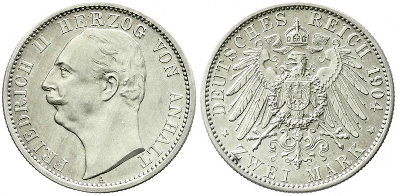 Reichssilbermünzen J. 19-178, Anhalt, Friedrich II., 1904-1918
2 Mark 1904 A. Au...