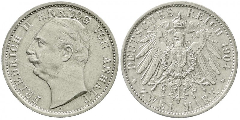 Reichssilbermünzen J. 19-178, Anhalt, Friedrich II., 1904-1918
2 Mark 1904 A. Re...