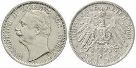 Reichssilbermünzen J. 19-178, Anhalt, Friedrich II., 1904-1918
2 Mark 1904 A. Regierungsantritt. vorzüglich/Stempelglanz