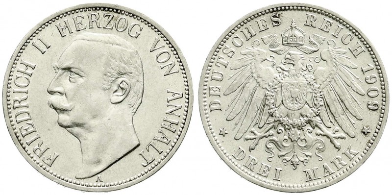 Reichssilbermünzen J. 19-178, Anhalt, Friedrich II., 1904-1918
3 Mark 1909 A. vo...
