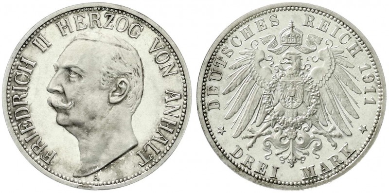 Reichssilbermünzen J. 19-178, Anhalt, Friedrich II., 1904-1918
3 Mark 1911 A. Po...