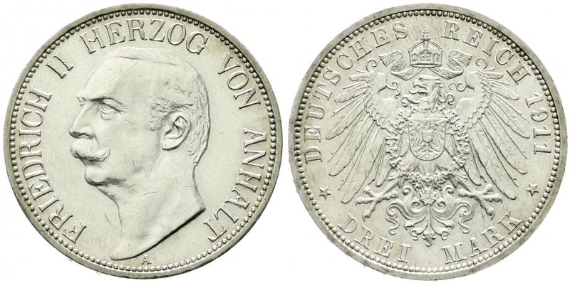 Reichssilbermünzen J. 19-178, Anhalt, Friedrich II., 1904-1918
3 Mark 1911 A. vo...