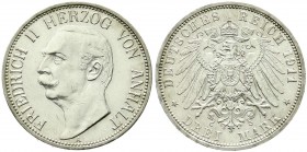Reichssilbermünzen J. 19-178, Anhalt, Friedrich II., 1904-1918
3 Mark 1911 A. vorzüglich/Stempelglanz, etwas berieben