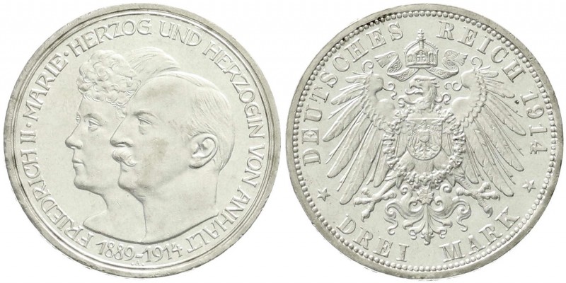 Reichssilbermünzen J. 19-178, Anhalt, Friedrich II., 1904-1918
3 Mark 1914 A. Si...