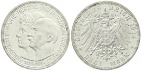 Reichssilbermünzen J. 19-178, Anhalt, Friedrich II., 1904-1918
3 Mark 1914 A. Silberne Hochzeit. vorzüglich/Stempelglanz