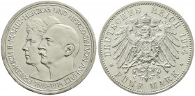 Reichssilbermünzen J. 19-178, Anhalt, Friedrich II., 1904-1918
5 Mark 1914 A. Silberne Hochzeit. vorzüglich, min. Randfehler und etwas berieben