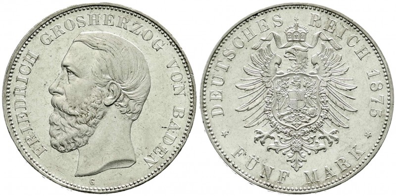 Reichssilbermünzen J. 19-178, Baden, Friedrich I., 1856-1907
5 Mark 1875 G. präg...