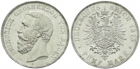 Reichssilbermünzen J. 19-178, Baden, Friedrich I., 1856-1907
5 Mark 1875 G. prägefrisch, winz. Kratzer, sehr selten in dieser Erhaltung