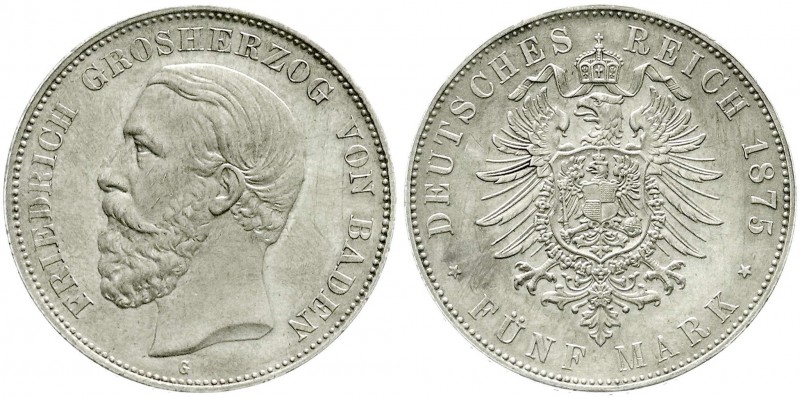 Reichssilbermünzen J. 19-178, Baden, Friedrich I., 1856-1907
5 Mark 1875 G. gute...