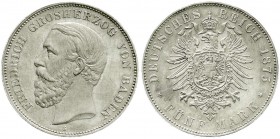 Reichssilbermünzen J. 19-178, Baden, Friedrich I., 1856-1907
5 Mark 1875 G. gutes vorzüglich, Felder leicht verkratzt, selten in dieser Erhaltung
