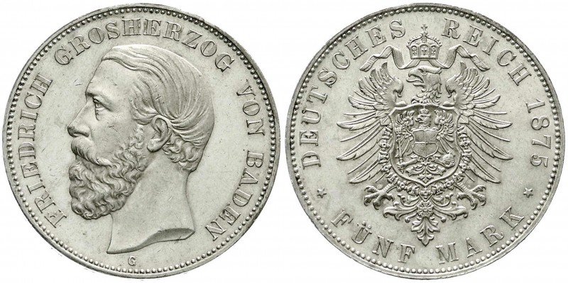 Reichssilbermünzen J. 19-178, Baden, Friedrich I., 1856-1907
5 Mark 1875 G. A oh...