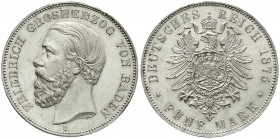 Reichssilbermünzen J. 19-178, Baden, Friedrich I., 1856-1907
5 Mark 1875 G. A ohne Querstrich. fast Stempelglanz, Prachtexemplar, sehr selten in diese...