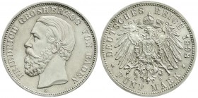 Reichssilbermünzen J. 19-178, Baden, Friedrich I., 1856-1907
5 Mark 1898 G. prägefrisch/fast Stempelglanz, selten in dieser Erhaltung