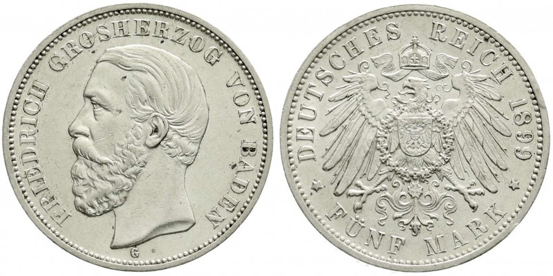 Reichssilbermünzen J. 19-178, Baden, Friedrich I., 1856-1907
5 Mark 1899 G. vorz...