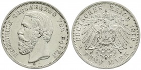 Reichssilbermünzen J. 19-178, Baden, Friedrich I., 1856-1907
5 Mark 1899 G. vorzüglich/Stempelglanz, winz. Randfehler