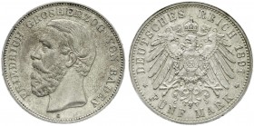 Reichssilbermünzen J. 19-178, Baden, Friedrich I., 1856-1907
5 Mark 1891 G. A ohne Querstrich. gutes vorzüglich, feine Tönung, selten