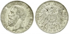 Reichssilbermünzen J. 19-178, Baden, Friedrich I., 1856-1907
5 Mark 1891 G. A ohne Querstrich. fast sehr schön, Kratzer und kl. Randfehler, selten