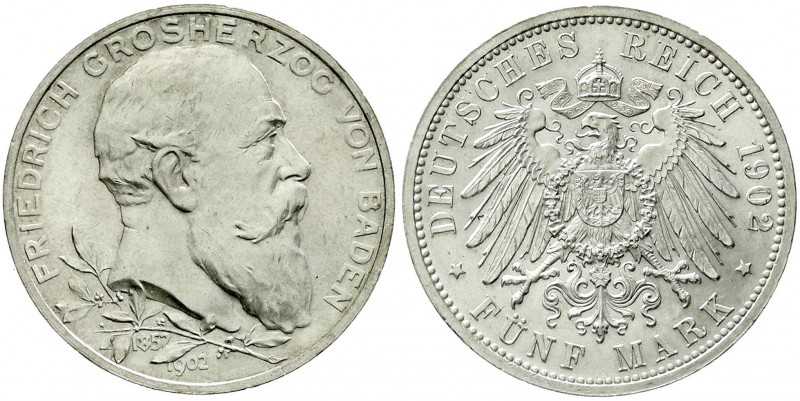 Reichssilbermünzen J. 19-178, Baden, Friedrich I., 1856-1907
5 Mark 1902. 50 jäh...