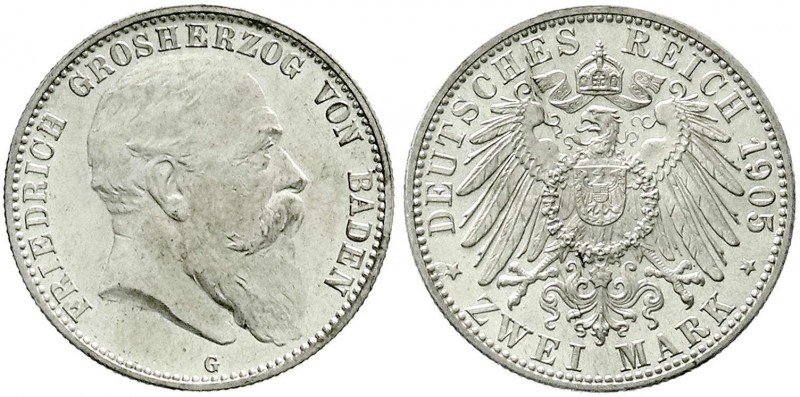 Reichssilbermünzen J. 19-178, Baden, Friedrich I., 1856-1907
2 Mark 1905 G. präg...