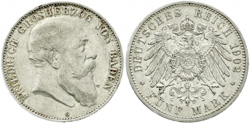 Reichssilbermünzen J. 19-178, Baden, Friedrich I., 1856-1907
5 Mark 1902 G. fast...