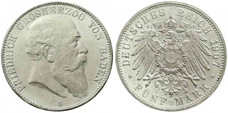Reichssilbermünzen J. 19-178, Baden, Friedrich I., 1856-1907
5 Mark 1907 G. fast...