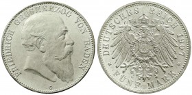 Reichssilbermünzen J. 19-178, Baden, Friedrich I., 1856-1907
5 Mark 1907 G. fast Stempelglanz, Prachtexemplar