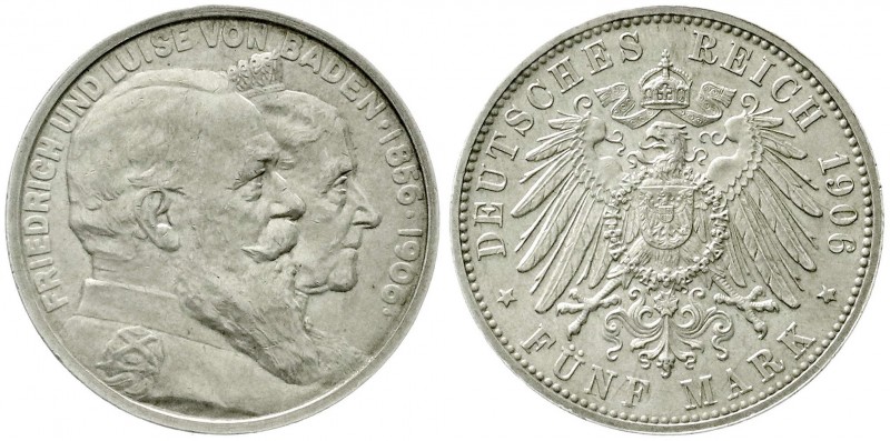 Reichssilbermünzen J. 19-178, Baden, Friedrich I., 1856-1907
5 Mark 1906. Zur go...