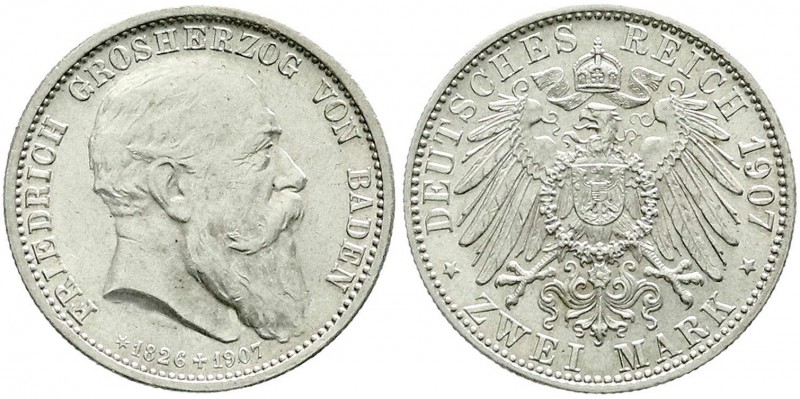 Reichssilbermünzen J. 19-178, Baden, Friedrich I., 1856-1907
2 Mark 1907. Auf se...