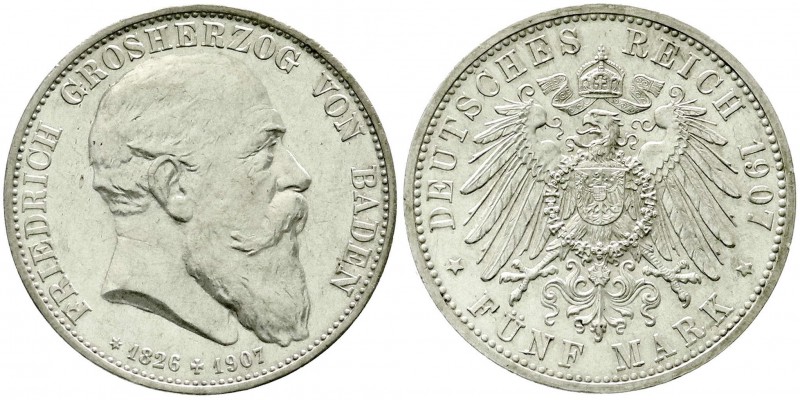 Reichssilbermünzen J. 19-178, Baden, Friedrich I., 1856-1907
5 Mark 1907. Auf se...