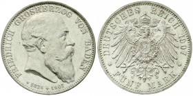 Reichssilbermünzen J. 19-178, Baden, Friedrich I., 1856-1907
5 Mark 1907. Auf seinen Tod. vorzüglich/Stempelglanz aus Erstabschlag