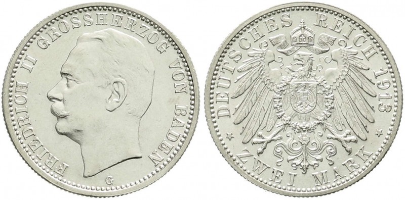 Reichssilbermünzen J. 19-178, Baden, Friedrich II., 1907-1918
2 Mark 1913 G. vor...