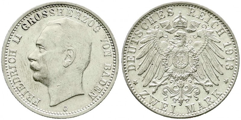 Reichssilbermünzen J. 19-178, Baden, Friedrich II., 1907-1918
2 Mark 1913 G. vor...