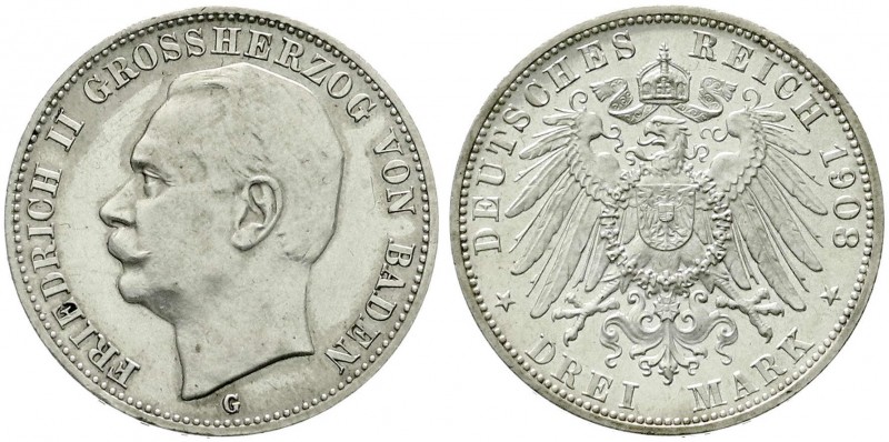 Reichssilbermünzen J. 19-178, Baden, Friedrich II., 1907-1918
3 Mark 1908 G. Pol...