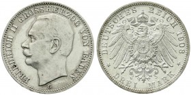 Reichssilbermünzen J. 19-178, Baden, Friedrich II., 1907-1918
3 Mark 1908 G. Polierte Platte, Vs. etwas berieben