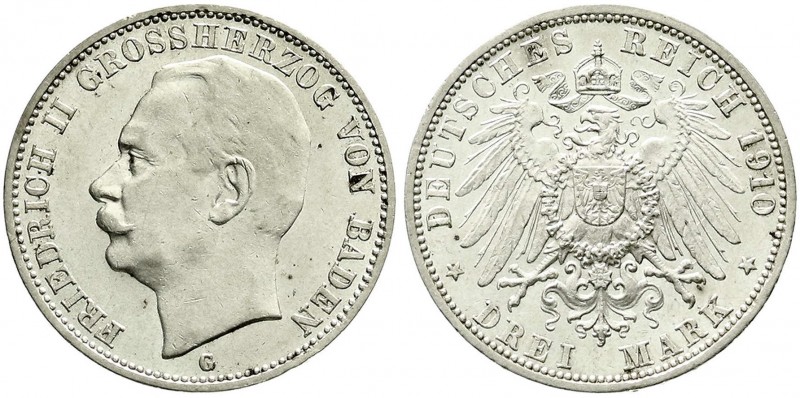 Reichssilbermünzen J. 19-178, Baden, Friedrich II., 1907-1918
3 Mark 1910 G. vor...