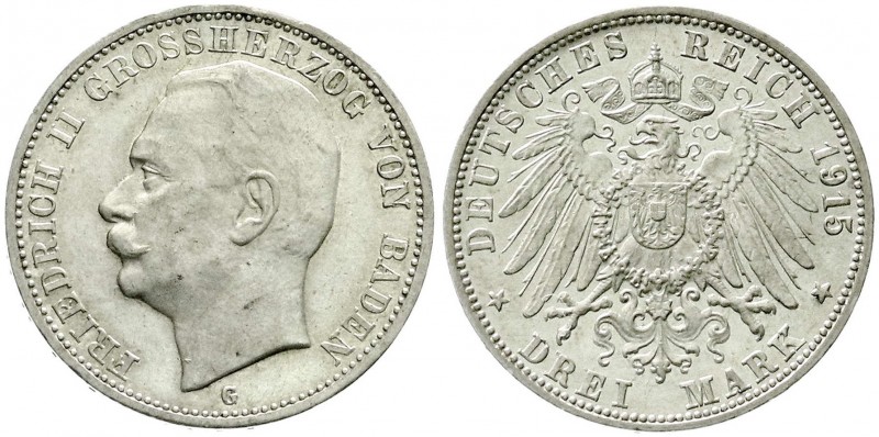 Reichssilbermünzen J. 19-178, Baden, Friedrich II., 1907-1918
3 Mark 1915 G. Sel...