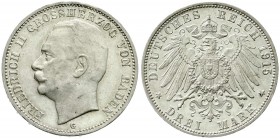 Reichssilbermünzen J. 19-178, Baden, Friedrich II., 1907-1918
3 Mark 1915 G. Seltenes Jahr. Stempelglanz, Prachtexemplar