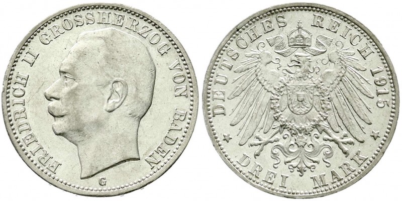 Reichssilbermünzen J. 19-178, Baden, Friedrich II., 1907-1918
3 Mark 1915 G. Sel...
