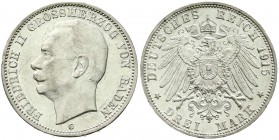 Reichssilbermünzen J. 19-178, Baden, Friedrich II., 1907-1918
3 Mark 1915 G. Seltenes Jahr. gutes vorzüglich