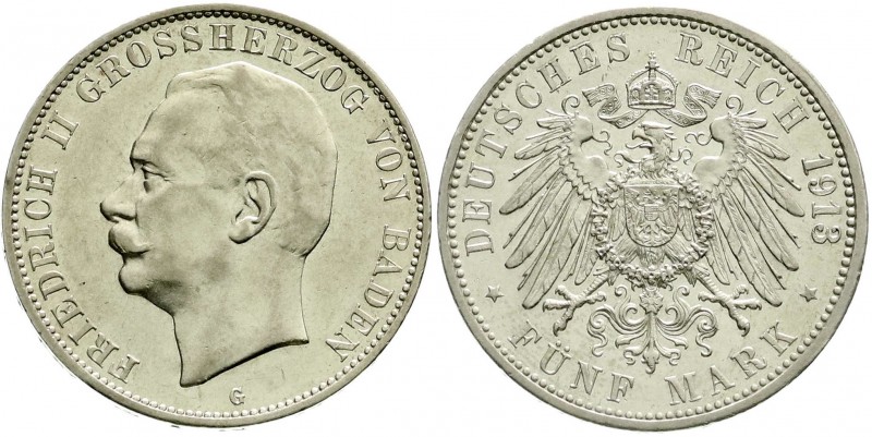 Reichssilbermünzen J. 19-178, Baden, Friedrich II., 1907-1918
5 Mark 1913 G. vor...