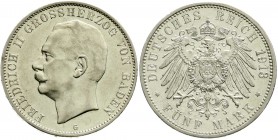 Reichssilbermünzen J. 19-178, Baden, Friedrich II., 1907-1918
5 Mark 1913 G. vorzüglich/Stempelglanz