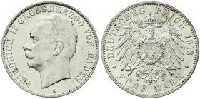 Reichssilbermünzen J. 19-178, Baden, Friedrich II., 1907-1918
5 Mark 1913 G. gutes vorzüglich, kl. Randfehler