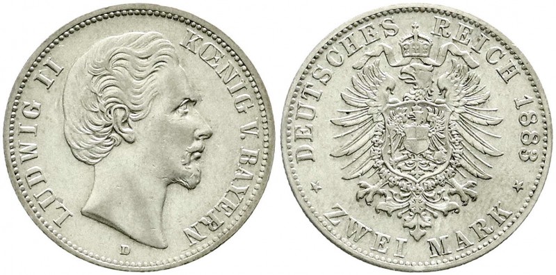 Reichssilbermünzen J. 19-178, Bayern, Ludwig II., 1864-1886
2 Mark 1883 D. gutes...
