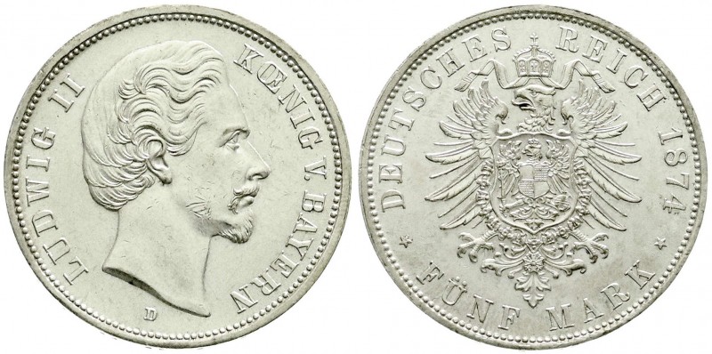 Reichssilbermünzen J. 19-178, Bayern, Ludwig II., 1864-1886
5 Mark 1874 D. vorzü...