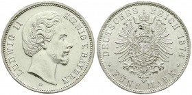 Reichssilbermünzen J. 19-178, Bayern, Ludwig II., 1864-1886
5 Mark 1874 D. vorzüglich/Stempelglanz, kl. Kratzer