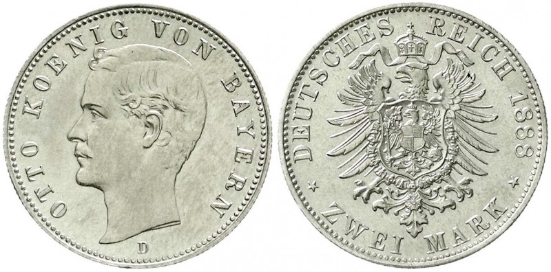 Reichssilbermünzen J. 19-178, Bayern, Otto, 1886-1913
2 Mark 1888 D. prägefrisch...