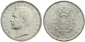 Reichssilbermünzen J. 19-178, Bayern, Otto, 1886-1913
5 Mark 1888 D. fast Stempelglanz, kl. Kratzer, Prachtexemplar, sehr selten in dieser Erhaltung