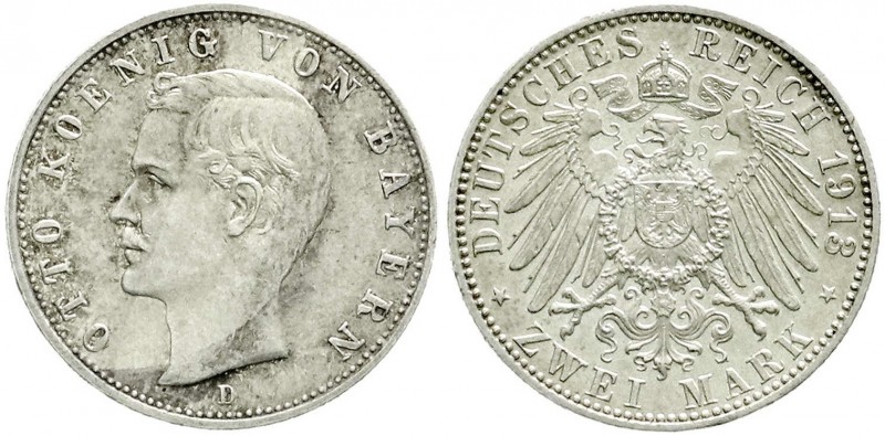Reichssilbermünzen J. 19-178, Bayern, Otto, 1886-1913
2 Mark 1913 D. prägefrisch...