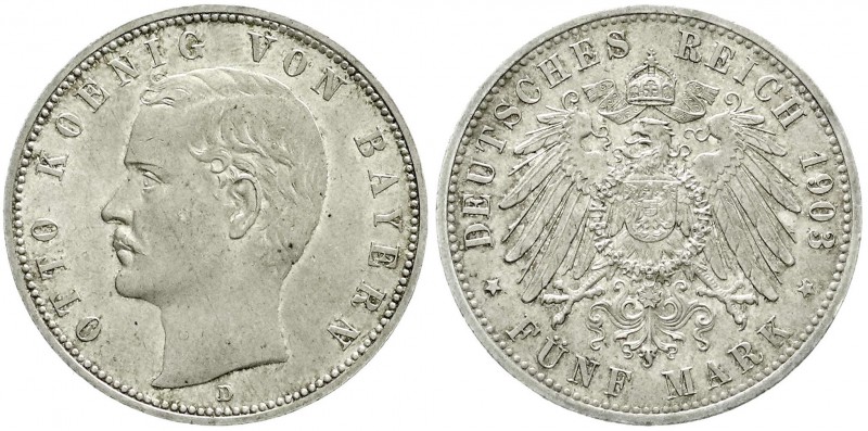 Reichssilbermünzen J. 19-178, Bayern, Otto, 1886-1913
5 Mark 1903 D. fast Stempe...